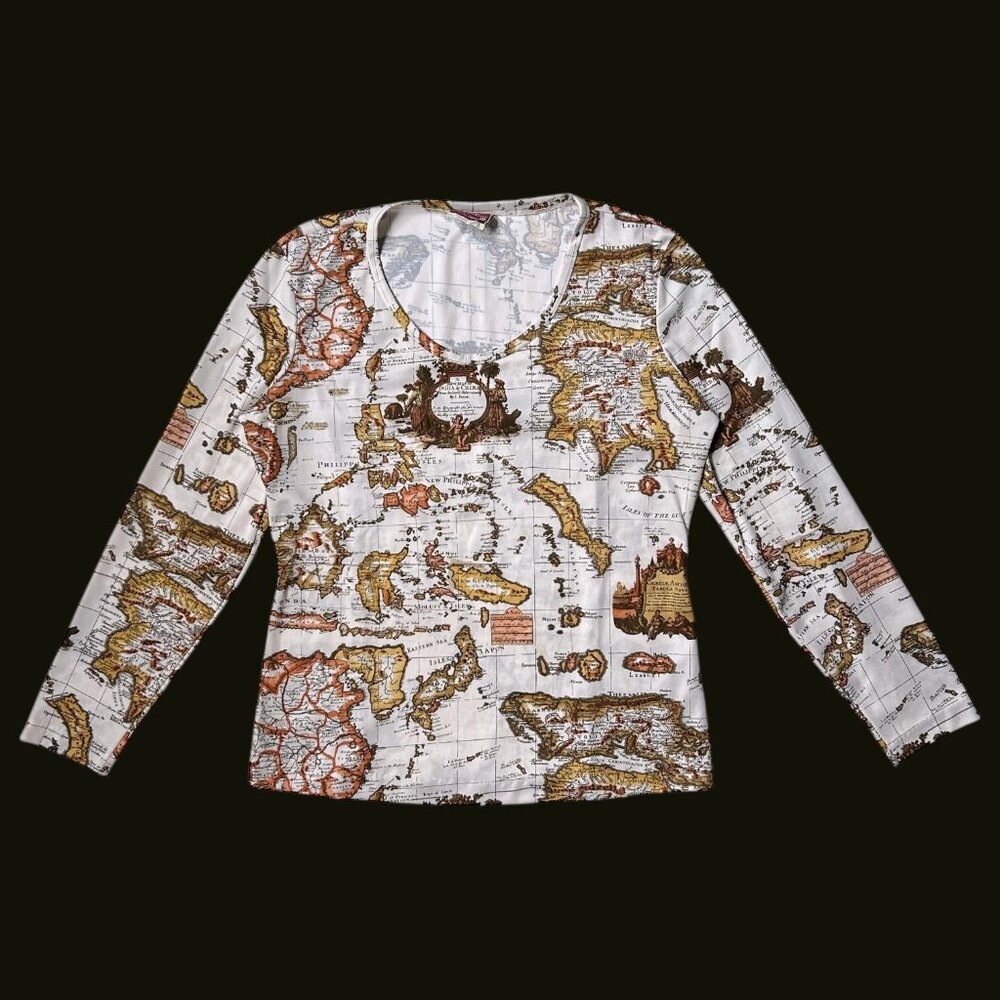 70s Vintage Novelty Print Shirt Longsleeve Atlas Asia Map Pattern Geography.